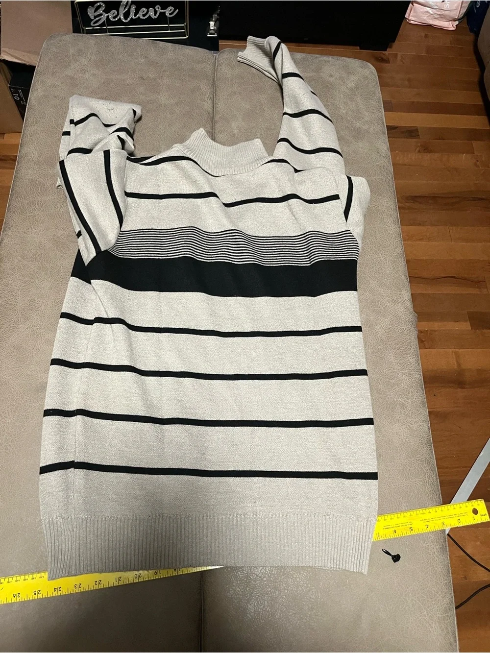 True Rock Men's Cream and Black Striped Zip-Up Sweater medium